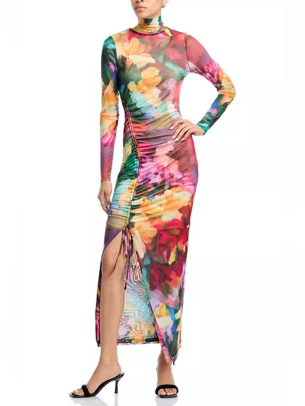 Multicolor Floral Ruched Side-Slit Maxi Dress